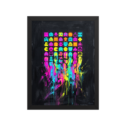 'Meltdown Arcade'. Vibrant retro 8-bit pixel game characters melting into neon cyan and magenta paint drips on a black canvas for a game room or studio decor. Offered as a Pixel art print.
