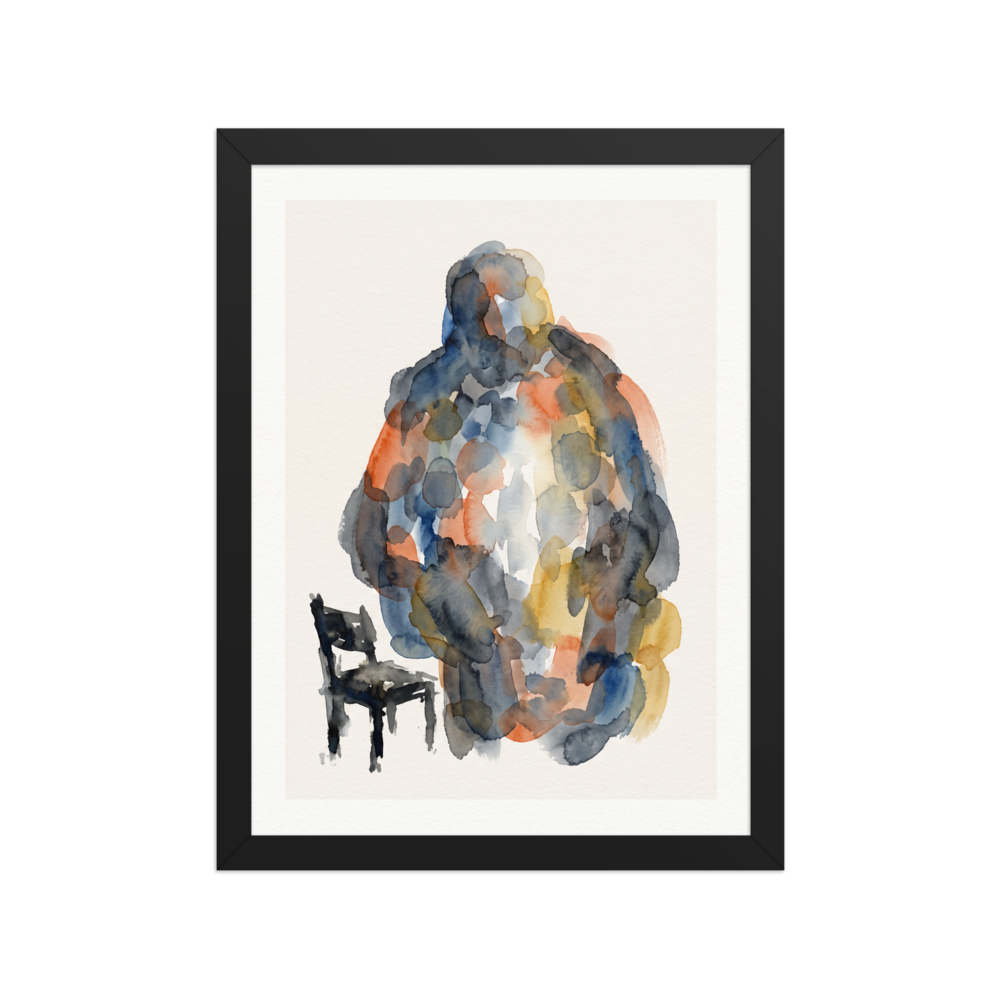 The Expressionism print 'Presence and Absence'. An abstract watercolor painting featuring a large standing human figure made of blue and orange washes next to a small black chair, suitable for a study.