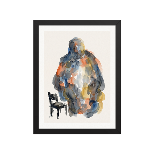 The Expressionism print 'Presence and Absence'. An abstract watercolor painting featuring a large standing human figure made of blue and orange washes next to a small black chair, suitable for a study.