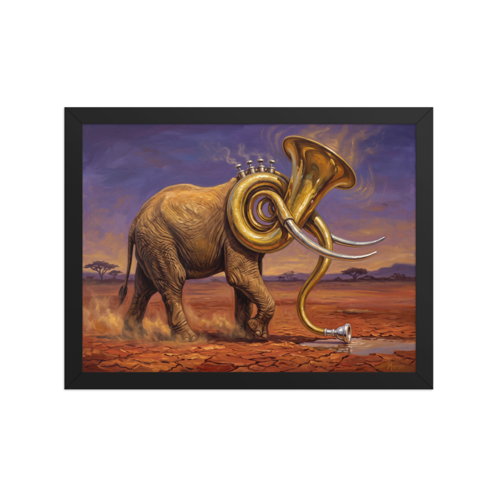 Fine art print 'The Savanna Sousaphone' in a Surrealism style. A striking surrealist oil painting of an African elephant with a sousaphone head in the desert, ideal for a modern living room.