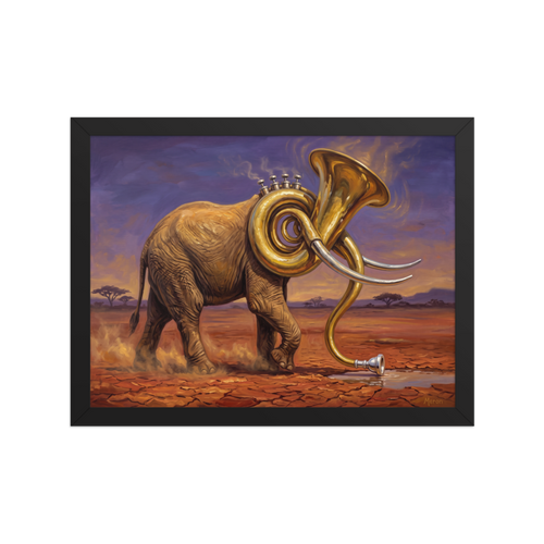 Fine art print 'The Savanna Sousaphone' in a Surrealism style. A striking surrealist oil painting of an African elephant with a sousaphone head in the desert, ideal for a modern living room.