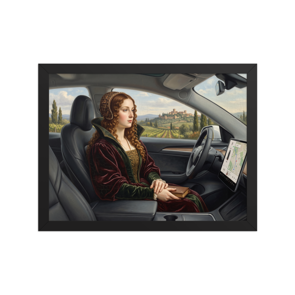 Wall art print 'Autopilot in Tuscany' in a Renaissance style. An oil painting of a Renaissance noblewoman sitting in the passenger seat of a modern electric car with a navigation screen overlooking Tuscan vineyards, fitting for a living room or office.