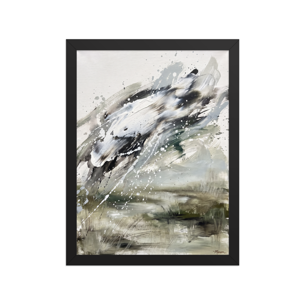 Abstract expressionism wall art for the living room, 'Tempest in Sage'. Dynamic abstract landscape print with impasto sage green and charcoal paint splatters styled in a modern living room.
