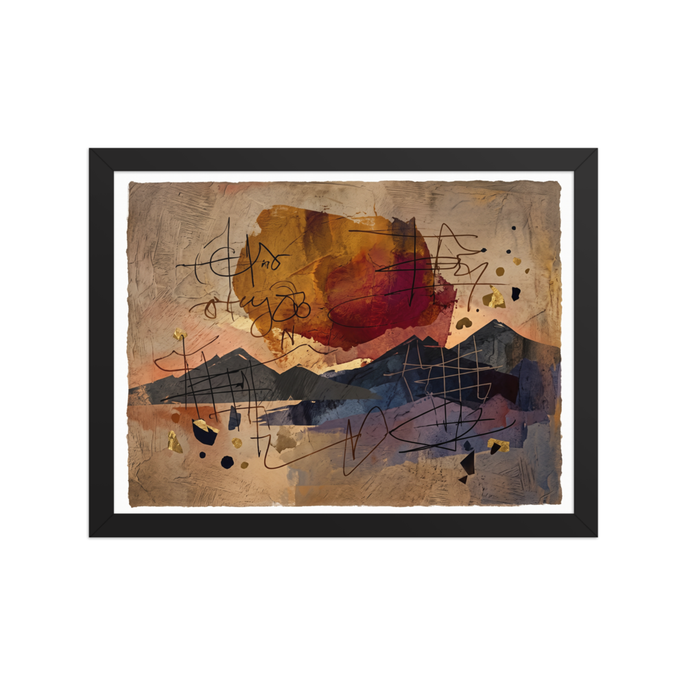 A calmness scene in sienna and dark blue, 'Calligraphic Horizon'. Layered mountain silhouettes beneath a terracotta sun and delicate calligraphic lines on textured paper, making a serene focal point for an office.