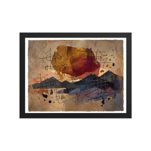 A calmness scene in sienna and dark blue, 'Calligraphic Horizon'. Layered mountain silhouettes beneath a terracotta sun and delicate calligraphic lines on textured paper, making a serene focal point for an office.