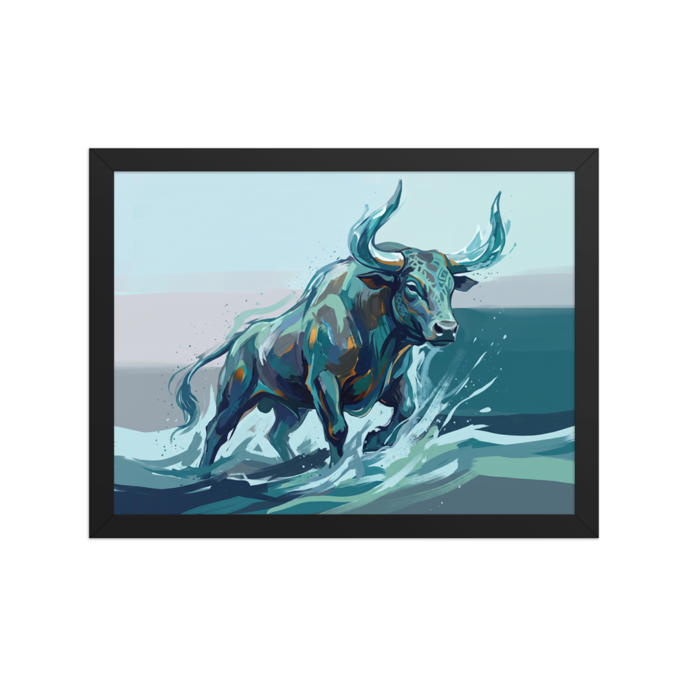 'The River Bull' by Meron. A stylized painting of a muscular bull charging through water in shades of teal and orange, perfect for an energetic Office. A Expressionism wall art print.
