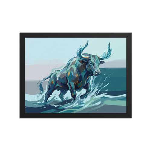 'The River Bull' by Meron. A stylized painting of a muscular bull charging through water in shades of teal and orange, perfect for an energetic Office. A Expressionism wall art print.