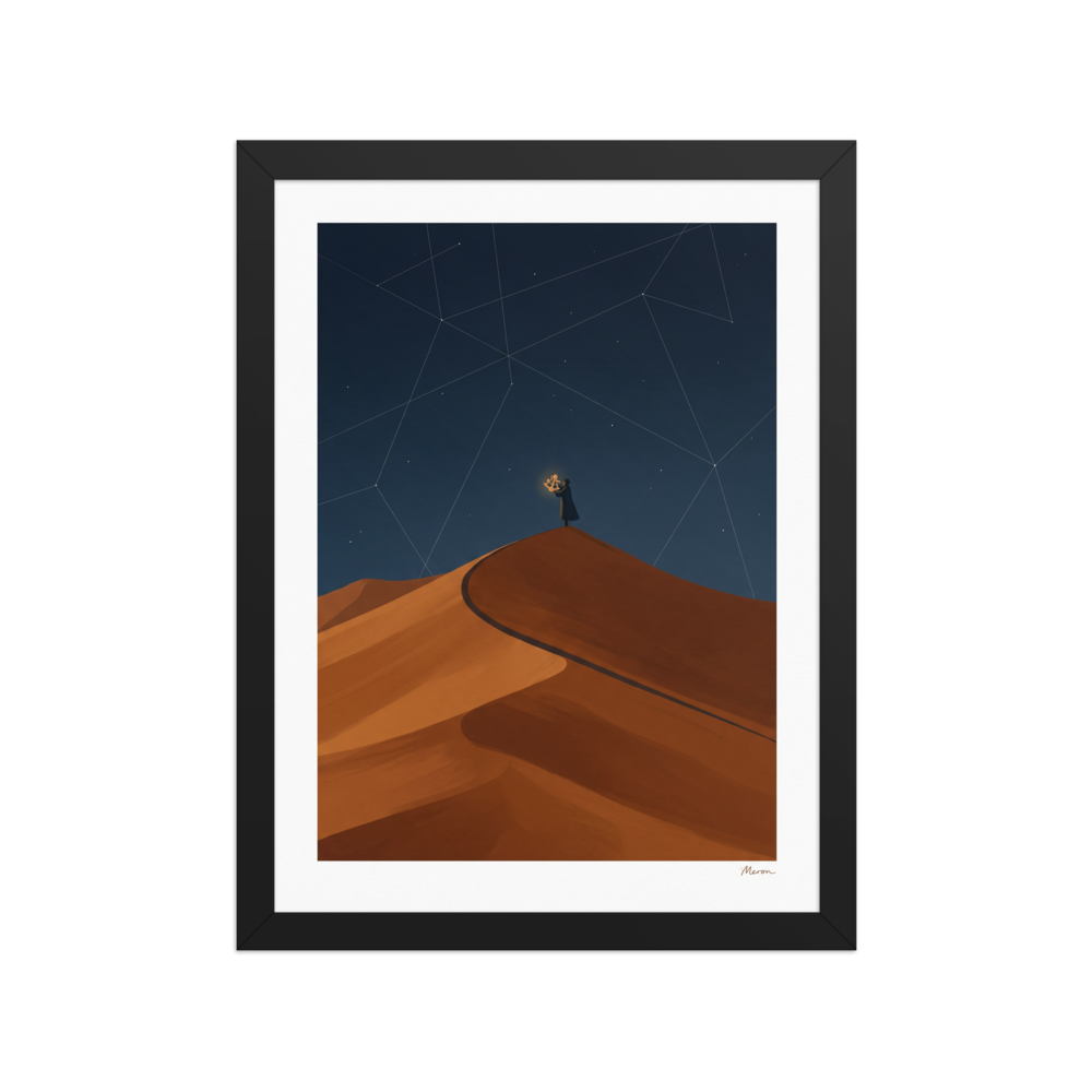 'The Desert Astronomer', Minimalism wall art in midnight blue and sandy brown. A lone figure on a desert dune raises a glowing sextant to a starry sky with constellation lines, suited for a bedroom.