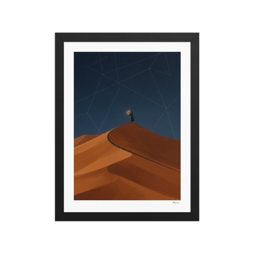 'The Desert Astronomer', Minimalism wall art in midnight blue and sandy brown. A lone figure on a desert dune raises a glowing sextant to a starry sky with constellation lines, suited for a bedroom.