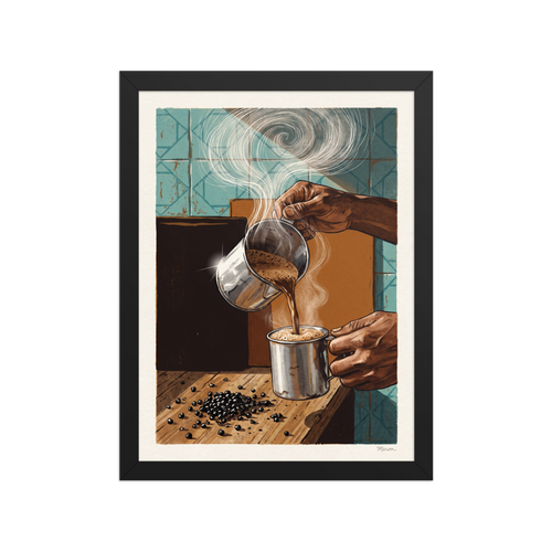 Hands pouring hot frothy coffee from a metal pitcher into a cup with swirling steam, ideal for a kitchen. 'The Artisan's Brew', a Realism print for the wall.