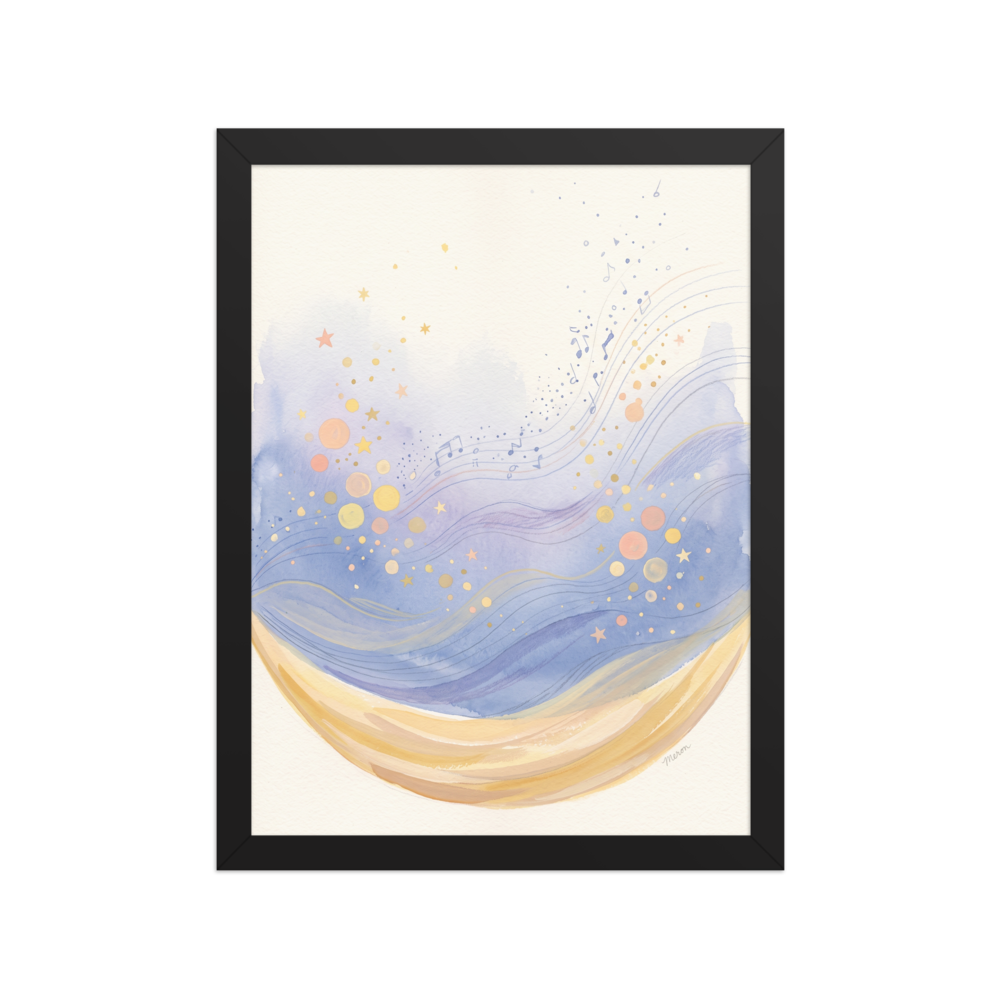 A dreamy watercolor painting of a golden crescent moon holding lavender waves and musical notes, perfect for a cozy nursery. A Lyrical abstraction art print titled 'Crescent Lullaby'.
