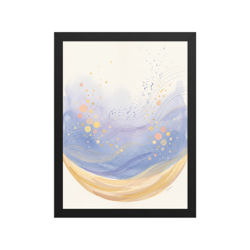 A dreamy watercolor painting of a golden crescent moon holding lavender waves and musical notes, perfect for a cozy nursery. A Lyrical abstraction art print titled 'Crescent Lullaby'.