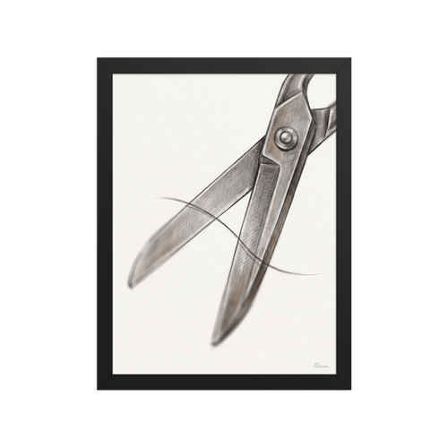 'The Precision Cut' by Meron. A detailed graphite sketch of vintage steel tailor scissors snipping a thread on cream paper in a fashion studio. A Realism wall art print.