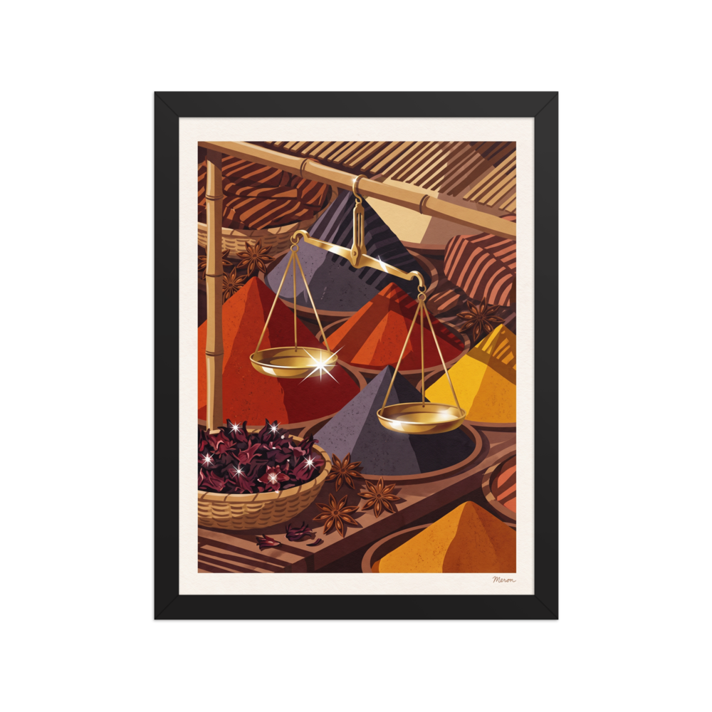 Stylized spice bazaar illustration with conical heaps of colorful spices and a brass balance scale, perfect for a kitchen. A Art Deco print with a digital art look, titled 'Spice Merchant's Balance'.