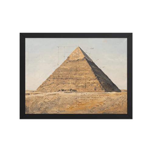 A admiration / absorbing Realism print, 'Pyramid Survey Study'. An architectural field study of the Great Pyramid of Giza with survey lines and sand texture in an office wall art print.