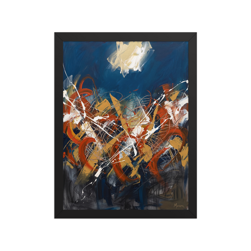 A striking abstract expressionist painting featuring midnight blue skies and violent orange and white paint splashes, suited for a living room. A striking piece titled 'Midnight Tempest'.
