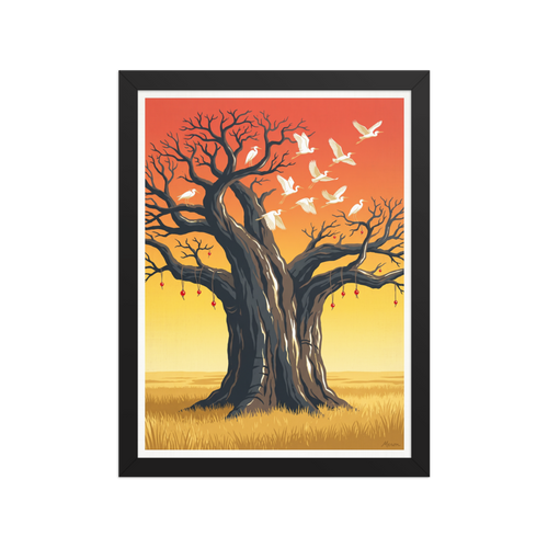 A grand ancient tree with white egrets taking flight under an orange sunset sky, ideal for a living room. A Symbolism print with a digital art look, titled 'The Sacred Roost'.