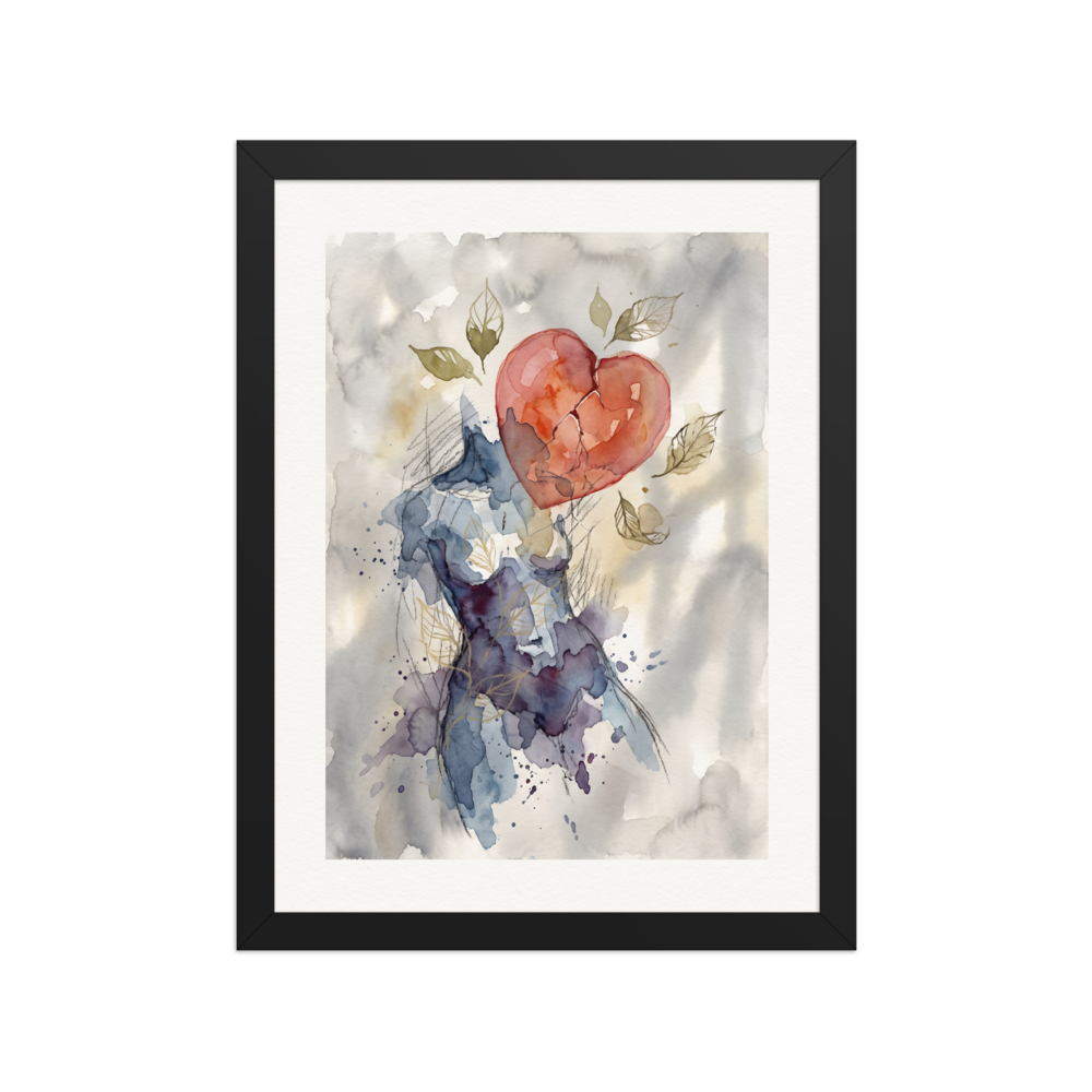 An emotional watercolor painting showing an abstract female silhouette in blue washes with a floating fractured red heart surrounded by delicate leaves, perfect for a bedroom. 'Fractured Bloom', a Symbolism print for the wall.