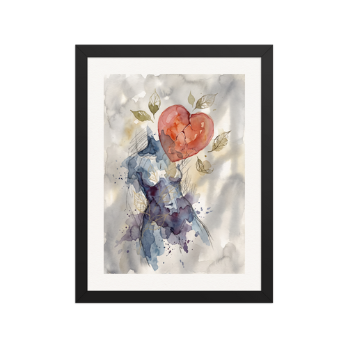 An emotional watercolor painting showing an abstract female silhouette in blue washes with a floating fractured red heart surrounded by delicate leaves, perfect for a bedroom. 'Fractured Bloom', a Symbolism print for the wall.