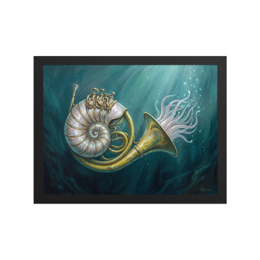 'Nautilus in Brass', Surrealism wall art in teal and gold. A mystical surrealist painting of a nautilus shell merged with a brass French horn underwater, perfect for a modern bathroom.