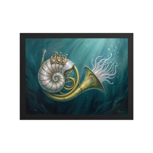 'Nautilus in Brass', Surrealism wall art in teal and gold. A mystical surrealist painting of a nautilus shell merged with a brass French horn underwater, perfect for a modern bathroom.