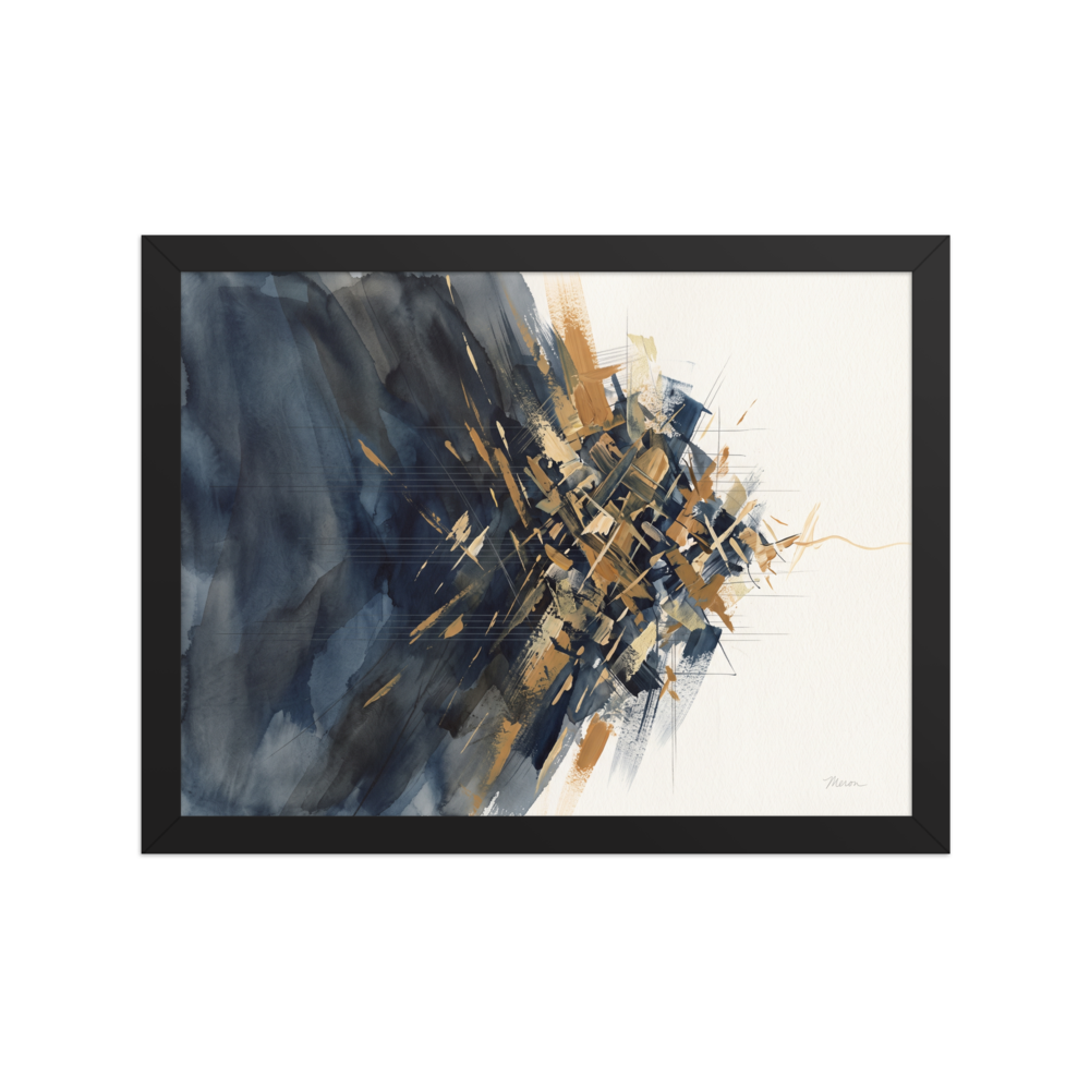 Abstract art wall art exploring art, 'Mineral Rift'. A moody abstract watercolor painting of deep indigo washes and a fractured golden mineral burst, suited for a living room.