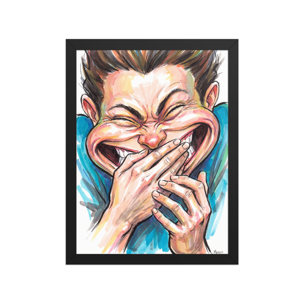 Wall art print 'Burst of Laughter' in a Pop art style. An expressive caricature illustration of a young man laughing heartily, perfect as game room wall art.
