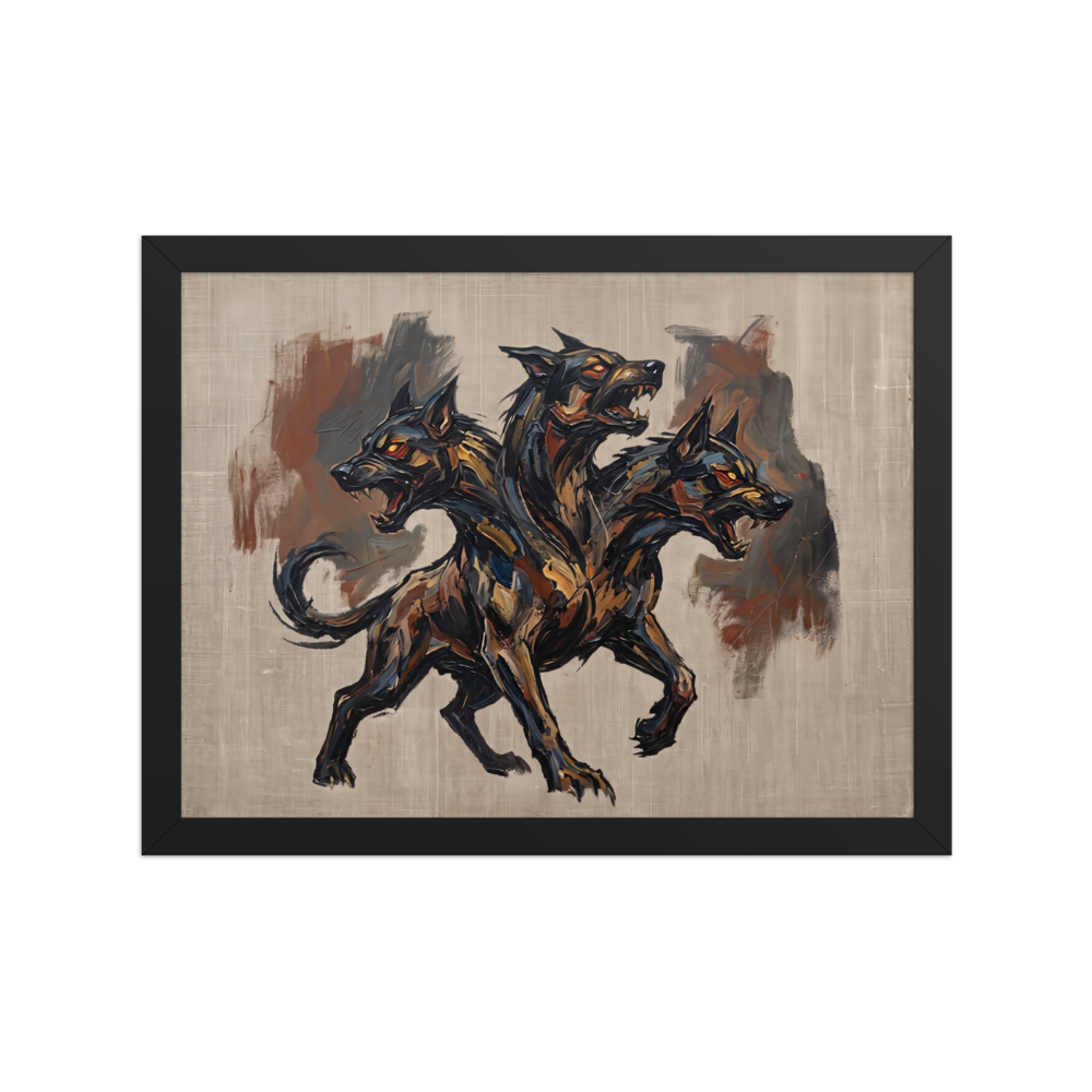 'Guardian of the Underworld', a Expressionism wall art print. A textured oil painting of Cerberus, the three-headed dog with glowing eyes, an imposing piece for a Game Room or Man Cave.