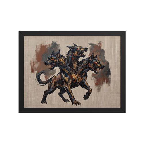 'Guardian of the Underworld', a Expressionism wall art print. A textured oil painting of Cerberus, the three-headed dog with glowing eyes, an imposing piece for a Game Room or Man Cave.