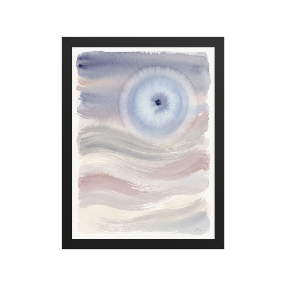 The Abstract art print 'Periwinkle Halo'. A diffuse periwinkle watercolor halo bloom above soft slate blue and dusty rose horizon washes in a bedroom wall art setting.