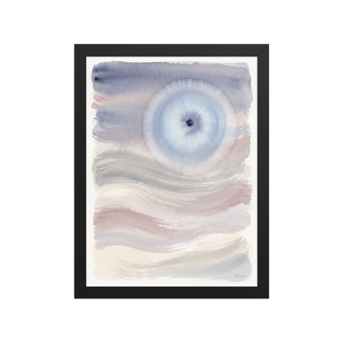The Abstract art print 'Periwinkle Halo'. A diffuse periwinkle watercolor halo bloom above soft slate blue and dusty rose horizon washes in a bedroom wall art setting.