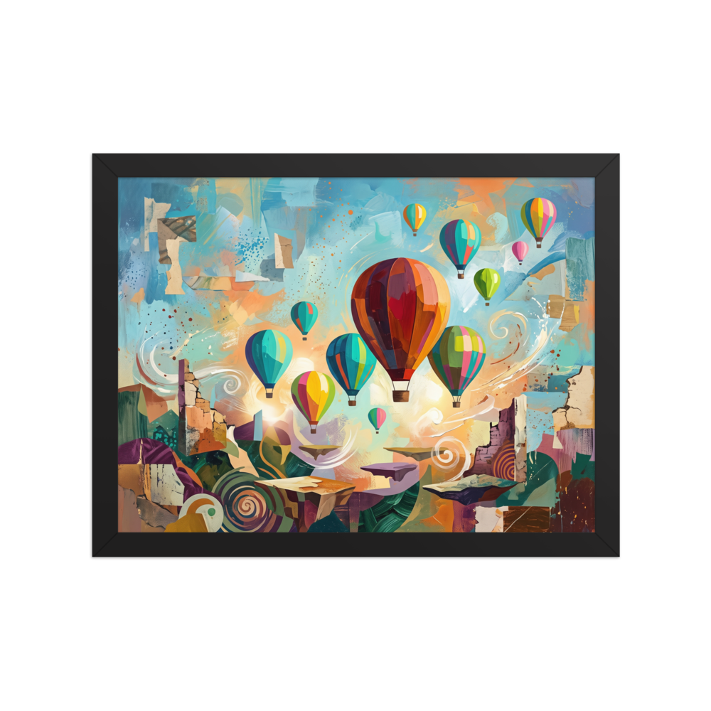 The Dau-al-Set print 'Skyward Reverie'. Vibrant hot air balloons drift over abstract cliffs in this colorful surrealist artwork that adds wonder to any living room.