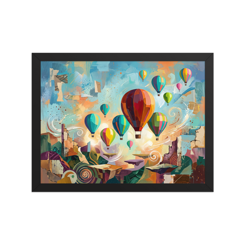 The Dau-al-Set print 'Skyward Reverie'. Vibrant hot air balloons drift over abstract cliffs in this colorful surrealist artwork that adds wonder to any living room.