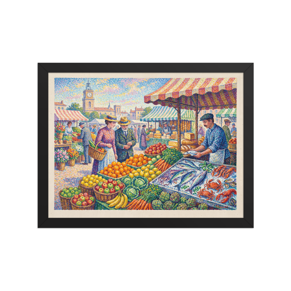 Pointillism wall art exploring food & drinks, 'Morning at the Town Market'. A Pointillist painting of a lively open-air market with fresh produce and seafood in a Kitchen decor setting.