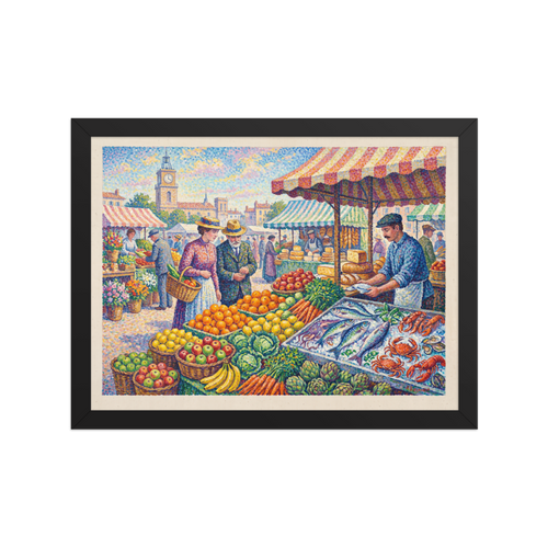 Pointillism wall art exploring food & drinks, 'Morning at the Town Market'. A Pointillist painting of a lively open-air market with fresh produce and seafood in a Kitchen decor setting.