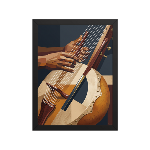 'Faceted Kora Melodies', Cubism wall art in peru and saddle brown. Cubist inspired illustration of hands playing a traditional kora harp lute with geometric planes, perfect for an office.