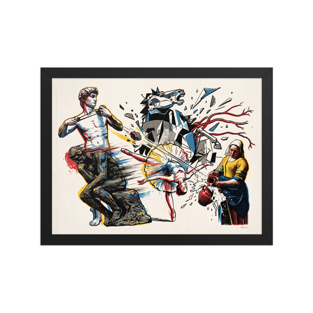 Pop art wall art for the living room, 'Masterpiece Action'. A dynamic pop art illustration featuring Michelangelo's David firing a slingshot alongside Rodin's Thinker and Vermeer's Milkmaid, ideal for a modern living room.