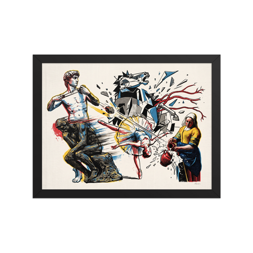 Pop art wall art for the living room, 'Masterpiece Action'. A dynamic pop art illustration featuring Michelangelo's David firing a slingshot alongside Rodin's Thinker and Vermeer's Milkmaid, ideal for a modern living room.