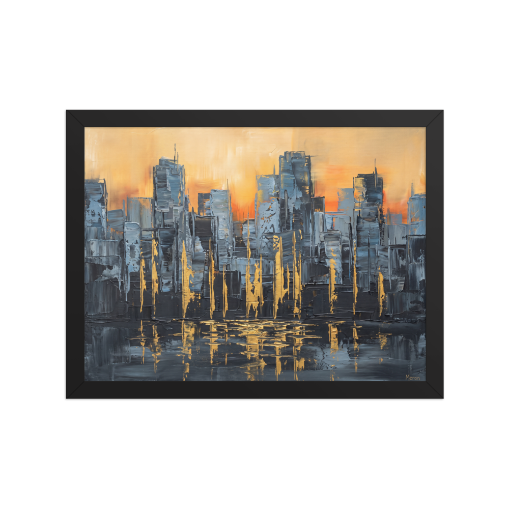 Wall art print 'Golden Hour Cityscape' in a Abstract art style. Abstract city skyline oil painting with golden reflections displayed above a office desk.