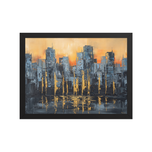 Wall art print 'Golden Hour Cityscape' in a Abstract art style. Abstract city skyline oil painting with golden reflections displayed above a office desk.