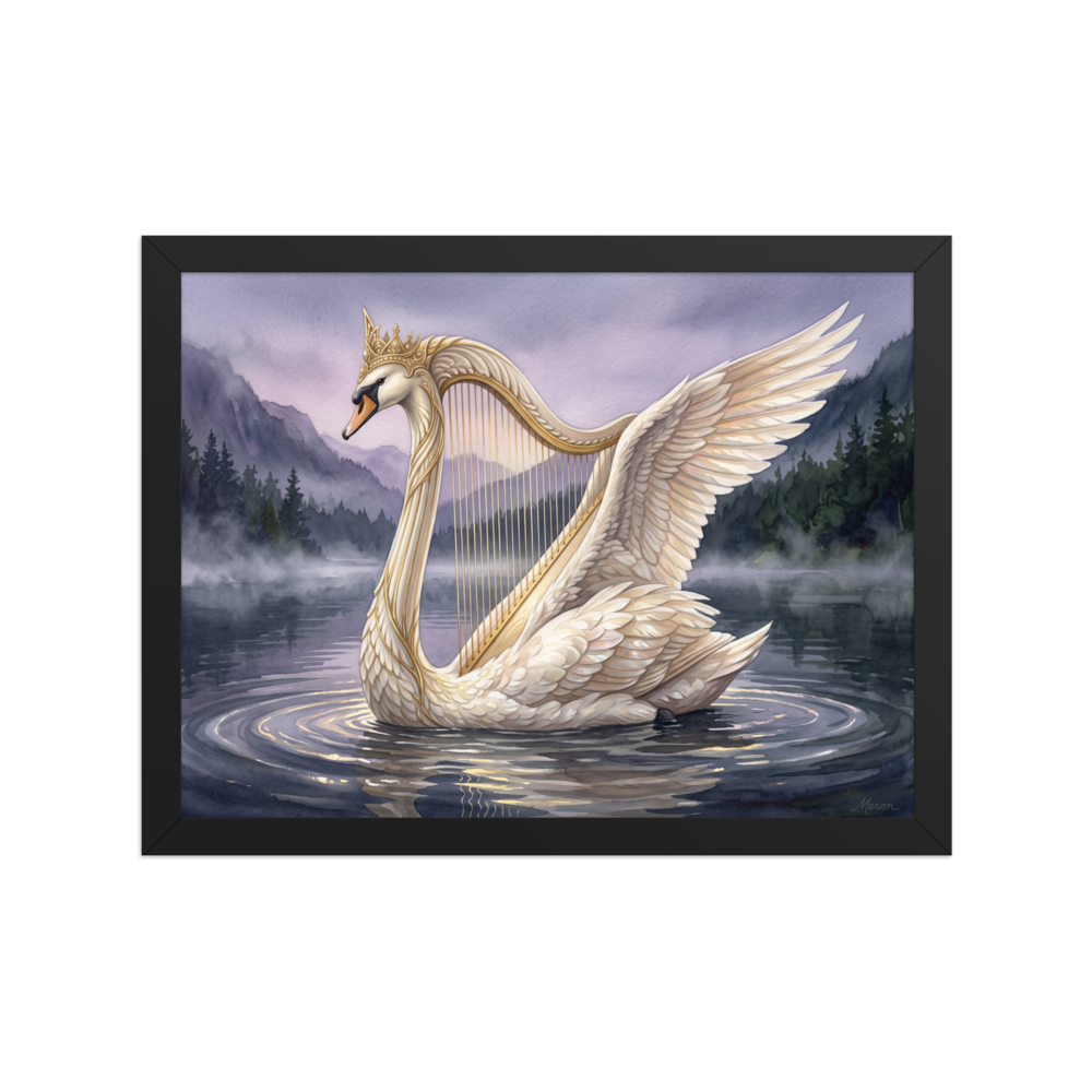 'The Swan's Serenade', Romanticism wall art in white and gold. An elegant watercolor painting of a crowned swan with harp strings drifting across a misty lake, perfect for a peaceful bedroom.