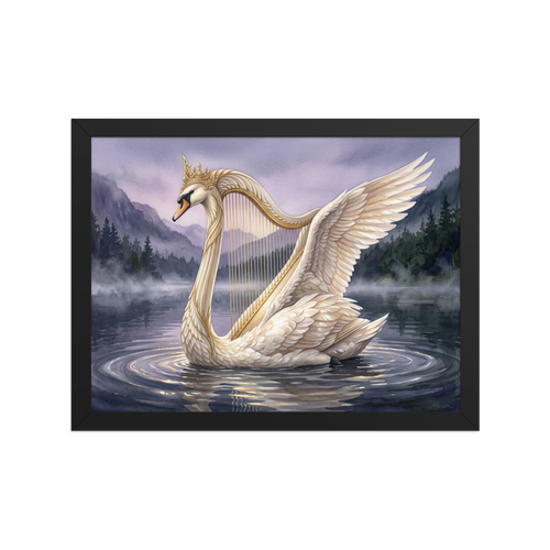 'The Swan's Serenade', Romanticism wall art in white and gold. An elegant watercolor painting of a crowned swan with harp strings drifting across a misty lake, perfect for a peaceful bedroom.