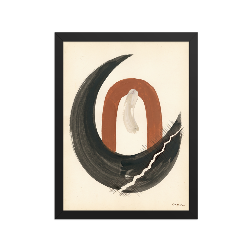 'Earthen Crescent', a Minimalism wall art print. A minimalist abstract print of a terracotta arch enclosed by a black ink crescent, displayed in a calming meditation room.