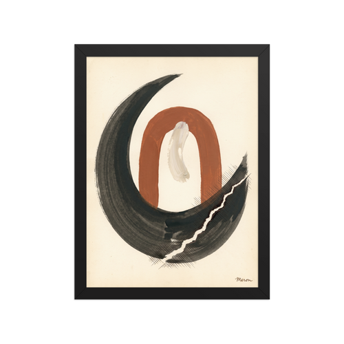 'Earthen Crescent', a Minimalism wall art print. A minimalist abstract print of a terracotta arch enclosed by a black ink crescent, displayed in a calming meditation room.