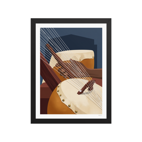 Close-up illustration of hands plucking a kora harp lute with a drum in the background, ideal for a studio. A calmness piece titled 'Strings of the Kora'.