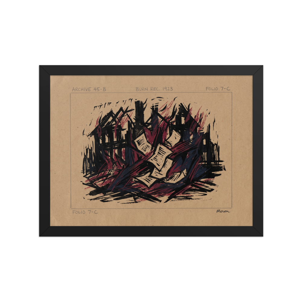 An expressionist woodcut print of burning papers and structures in an office wall art print. Shown here as the Expressionism print 'Burn Record 1923'.