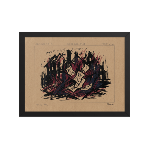 An expressionist woodcut print of burning papers and structures in an office wall art print. Shown here as the Expressionism print 'Burn Record 1923'.