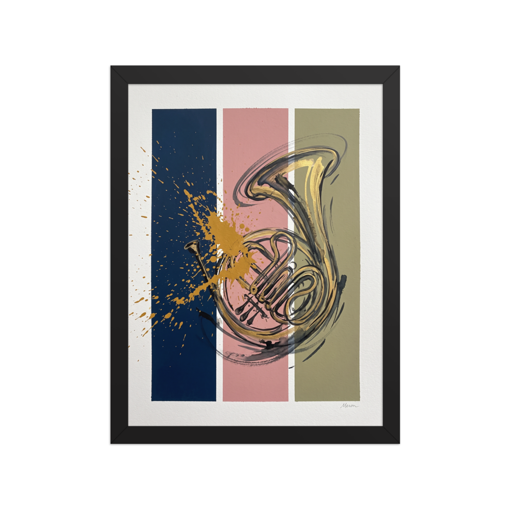 Golden French horn drawing layered over navy, pink, and olive vertical color blocks with expressive paint splatters, perfect for a studio wall. Available as the Abstract art art print 'Resonance in Brass'.
