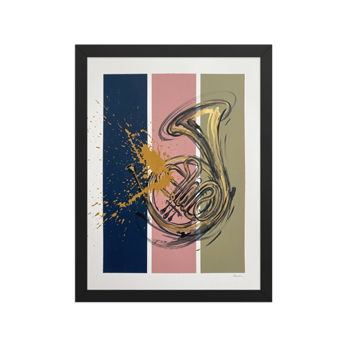 Golden French horn drawing layered over navy, pink, and olive vertical color blocks with expressive paint splatters, perfect for a studio wall. Available as the Abstract art art print 'Resonance in Brass'.
