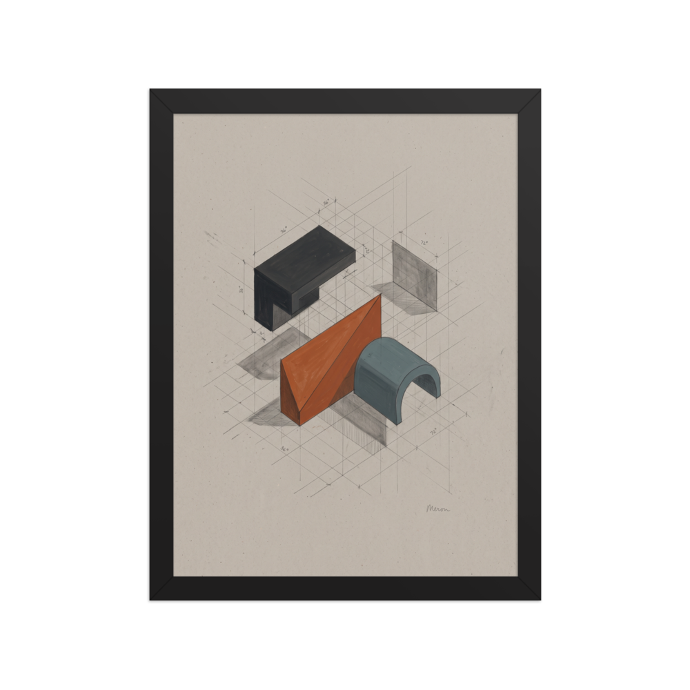 Constructivism wall art exploring architecture, 'Axonometric Study'. An elegant architectural axonometric drawing featuring 3D geometric forms and cast shadows on a grid, suited for an office.